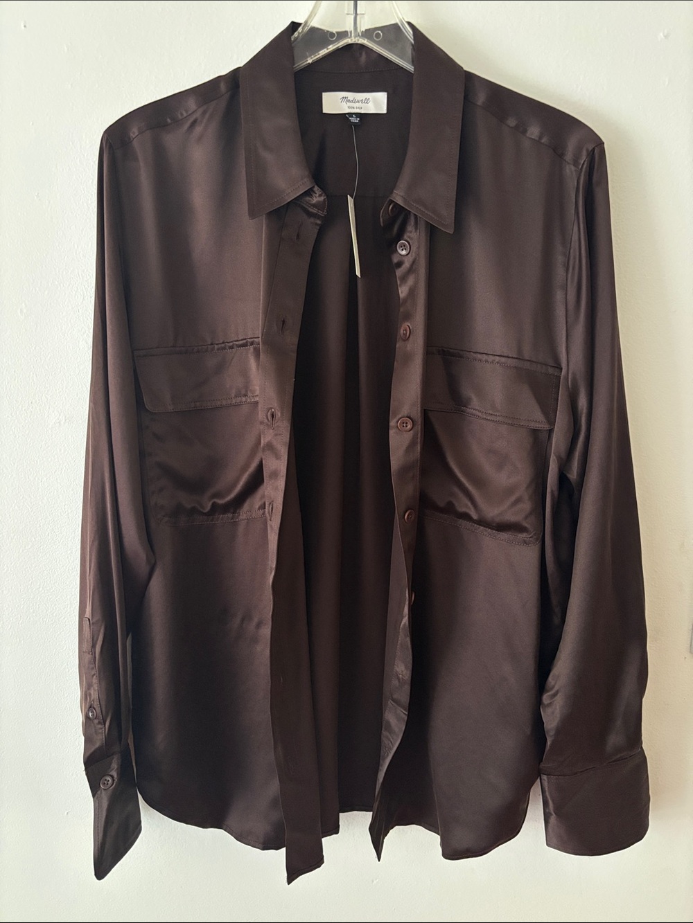 Madewell chocolate brown 100% silk button down shirt size large new with tags